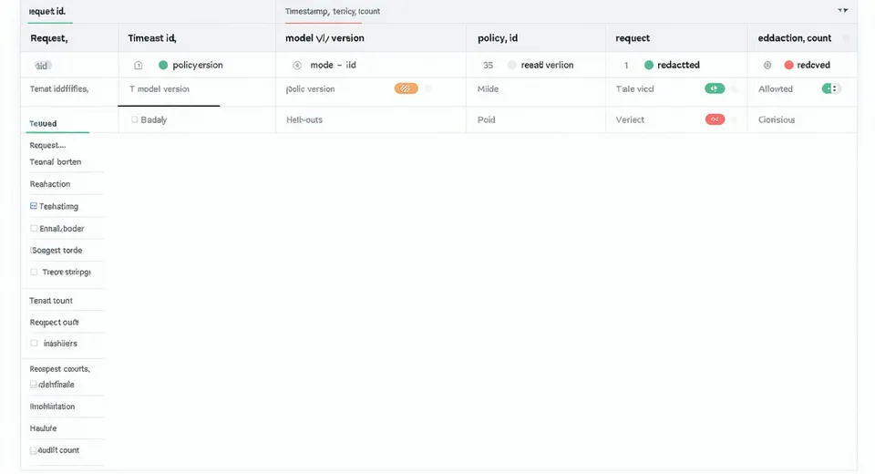Audit log entry mockup showing request ID, timestamp, tenant ID, model version, redaction count fields