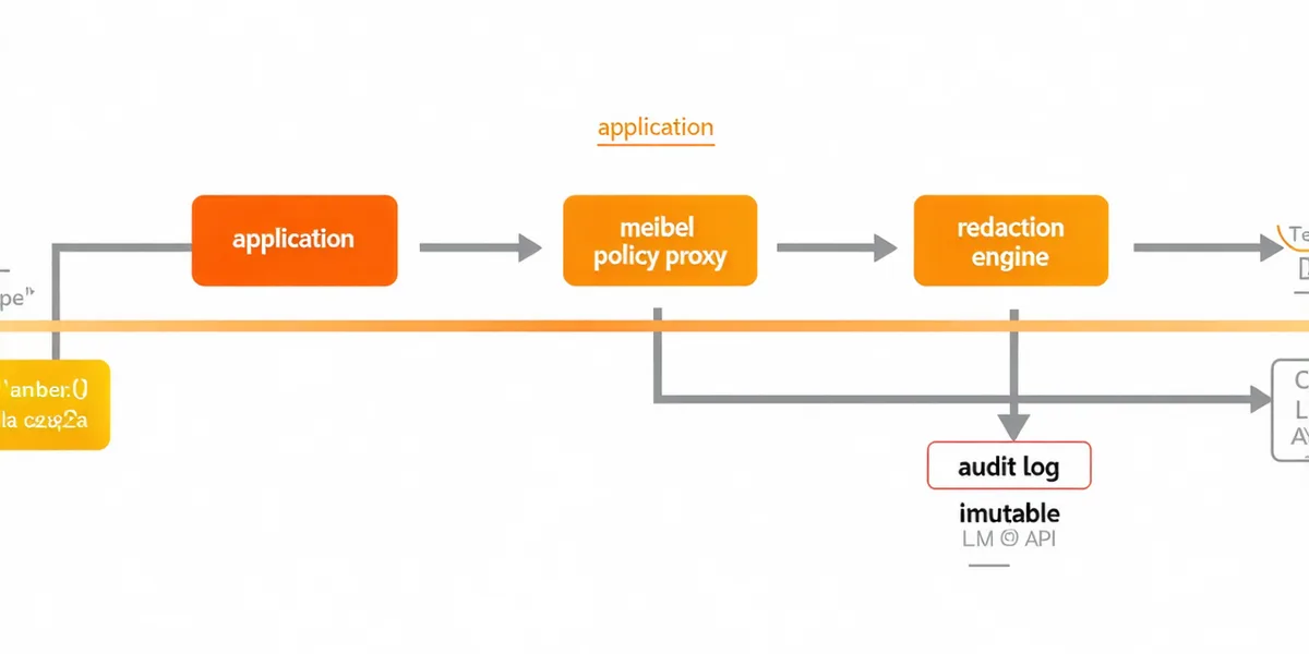 Meibel platform architecture: application layer → Meibel proxy intercept → PII redaction engine → policy enforcement → LLM API, with audit log branch