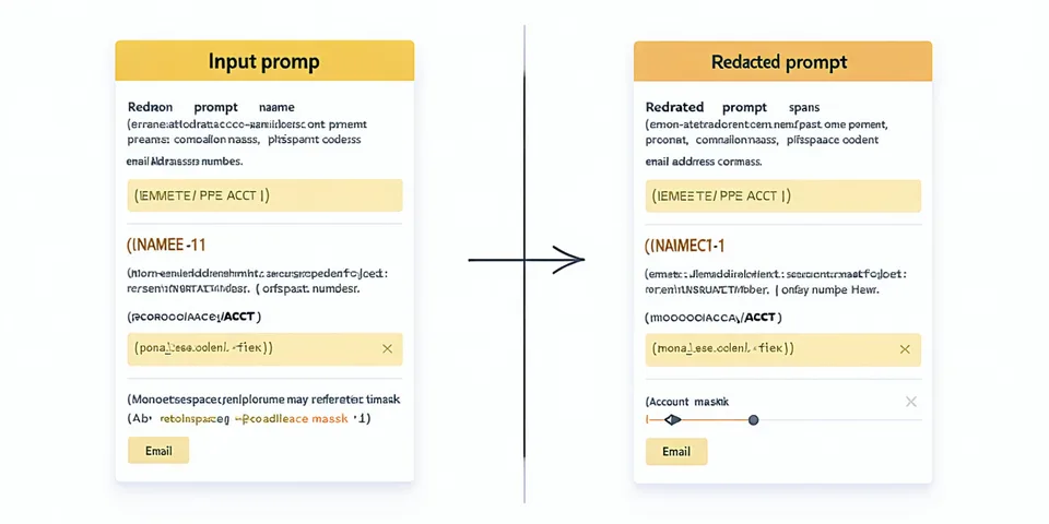 Before and after diagram showing PII entity detection and redaction masking in a prompt string